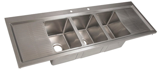 BK Resources BK-DIS-1014-3-12T 3-Compartment Dropin Sink 14L X 10W X 10D Bowls w/ Dual 12" Drainboards