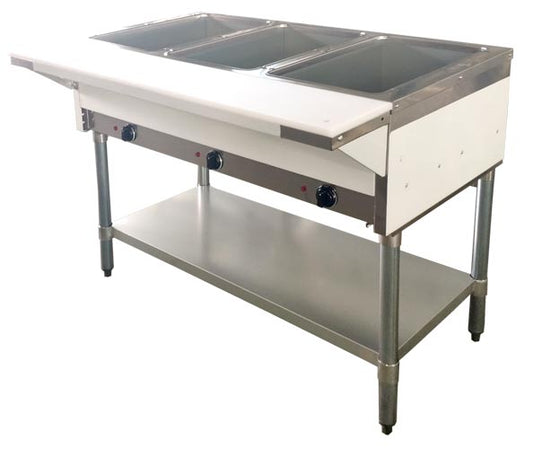 Omcan 47343 Gas 3 Pan Open Well Steam Table with Cutting Board and Undershelf