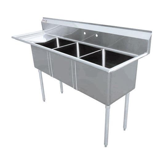 Omcan 43764 18" x 18" x 11" Three Tub Sink with 3.5" Center Drain and Left Drain Board