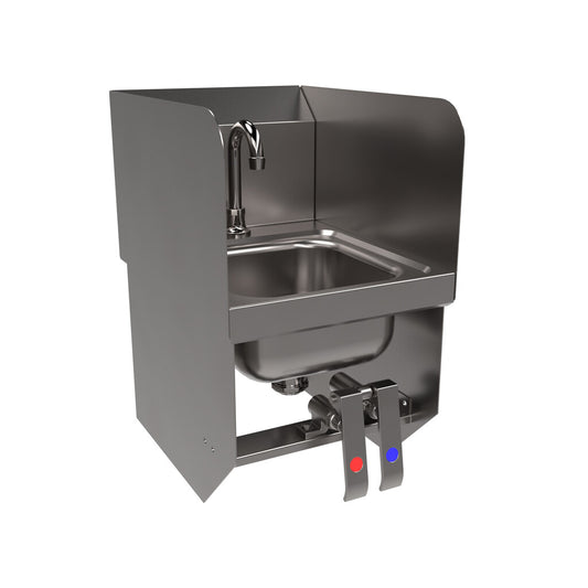 BK Resources BKHS-D-SS-1-SS-BKKPG Stainless Steel Space Saver Deck Mount Hand Sink w/ Sidesplashes Faucet & Knee Valve