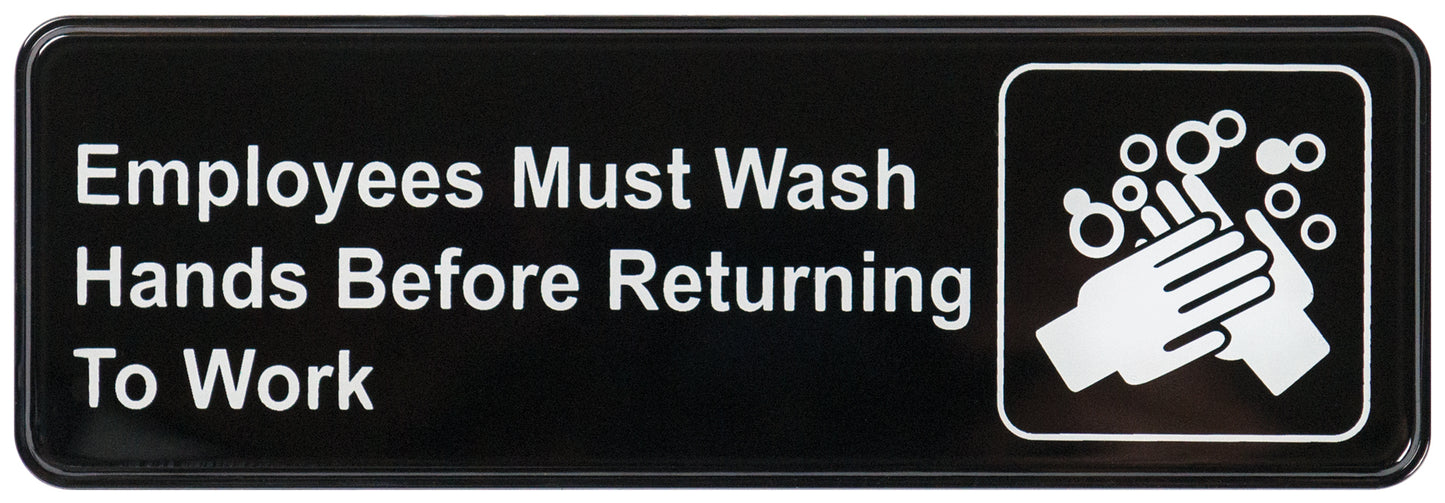 Winco SGN-322 3" x 9" Black Information Sign - "Employee Must Wash Hands"