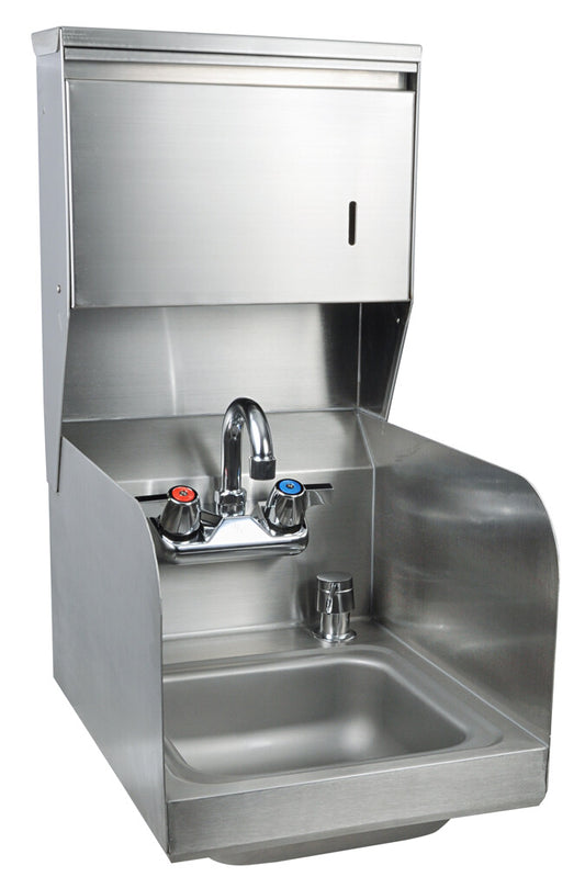 BK Resources BKHS-W-SS-SS-TD-P-G Stainless Steel Space Saver Hand Sink Side Splashes, Towel Dsp Faucet 9"x9"x4-3/8"