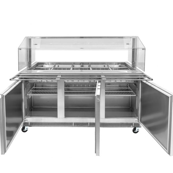 Omcan 50090 72" Stainless Steel Refrigerated Salad Bar / Cold Food Table with Sneeze Guard, Tray Slide and Pan Covers