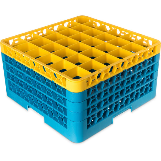 Carlisle RG36-4C411 Yellow-Carlisle Blue 36-Compartment Polypropylene OptiClean Divided Glass Rack with 4 Extenders 10.3"