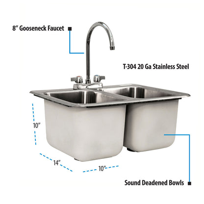 BK Resources DDI2-10141024-P-G 2-Compartment Stainless Steel Dropin Sink 14L X 10W X 10D Bowls w/ Faucet