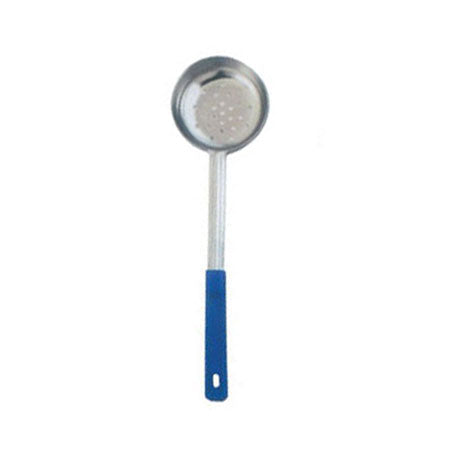 Omcan 80786 8 oz. One-Piece Blue Handle Stainless Steel Perforated Portion Control Spoon