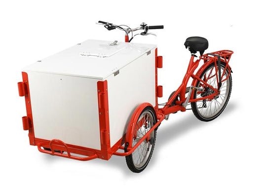 Omcan 46659 Red Front Load Ice-Cream Bike / Cargo Bike with Non-Insulated White Wooden Box and Vending Lid