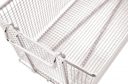 Omcan 11366 13 1/4" x 5 7/8" x 5 5/8" Nickel-Plated Iron Fryer Basket with Blue Handle