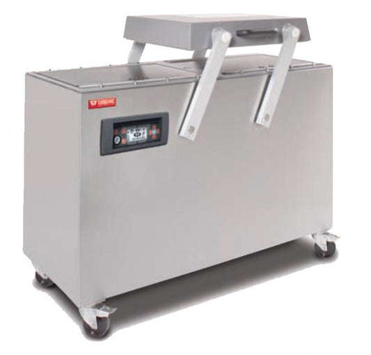 Omcan 50002 Turbovac Heavy-Duty Double Chamber Vacuum Packaging Machine with Aluminum Cover and Flat Working Surface with 23" Seal Length