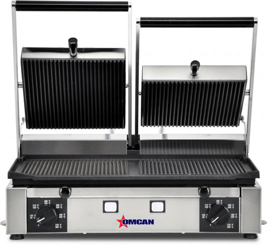 Omcan 11378 Elite Series 10" x 19" Double Panini Grill with Grooved Top and Bottom Grill Surface