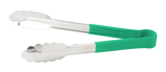 Winco UTPH-9G 9" Green Stainless Steel Utility Tong, Polypropylene Handle