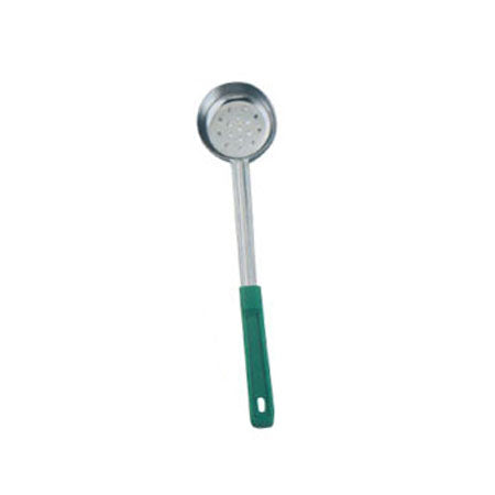 Omcan 80784 4 oz. One-Piece Green Handle Stainless Steel Perforated Portion Control Spoon