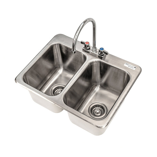 BK Resources DDI2-10141024-P-G 2-Compartment Stainless Steel Dropin Sink 14L X 10W X 10D Bowls w/ Faucet
