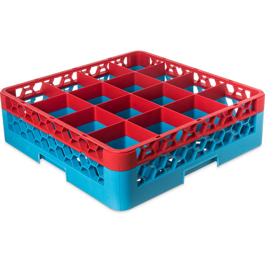 Carlisle RG16-1C410 Red-Carlisle Blue 16-Compartment Polypropylene OptiClean Divided Glass Rack with 1 Extender 5.56"