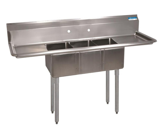 BK Resources BKS-3-1014-10-12T 3-Compartment Stainless Steel Convenience Store Sink Dual 12" Drainboards 14L X 10W X 10D Bowls