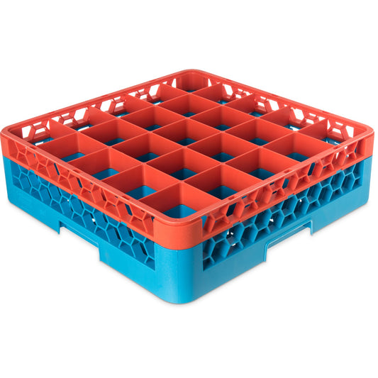 Carlisle RG25-1C412 Orange-Carlisle Blue 25-Compartment Polypropylene OptiClean Divided Glass Rack with 1 Extender 5.56"