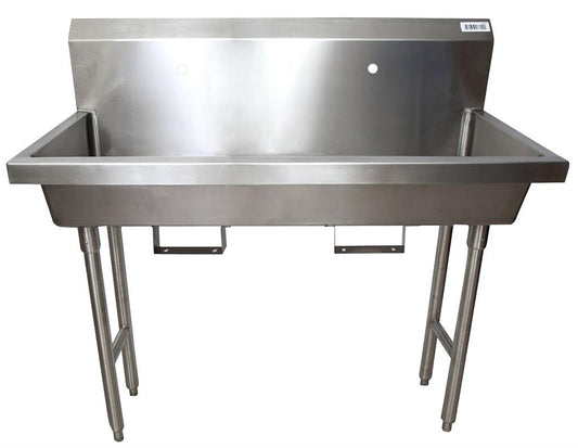 BK Resources MSHS-48F1B 48" 2-Station Stainless Steel Freestanding Handwash Sink, Single Hole Splash Mount