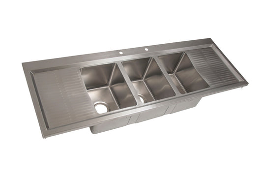 BK Resources BK-DIS-1014-3-18T 3-Compartment Stainless Steel Dropin Sink 10"x14"x10" w/ Dual 18" Drainboards