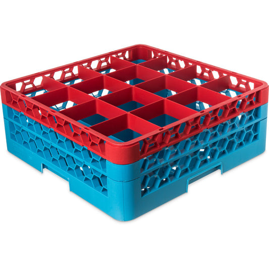 Carlisle RG16-2C410 Red-Carlisle Blue 16-Compartment Polypropylene OptiClean Divided Glass Rack with 2 Extenders 7.12"