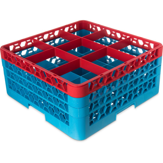 Carlisle RG9-3C410 Red-Carlisle Blue 9-Compartment Polypropylene OptiClean Divided Glass Rack with 3 Extenders 8.72"