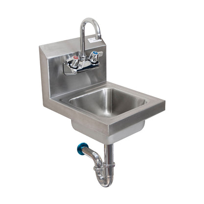 BK Resources BKHS-W-SS-PT-G Stainless Steel Space Saver Hand Sink w/ Faucet, P-Trap, 2 Holes, 9" Wide X 9"