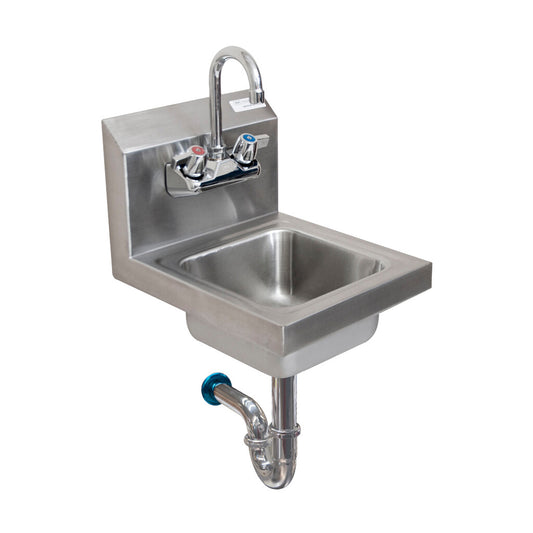 BK Resources BKHS-W-SS-PT-G Stainless Steel Space Saver Hand Sink w/ Faucet, P-Trap, 2 Holes, 9" Wide X 9"