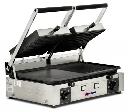 Omcan 11380 Elite Series 10" x 19" Double Panini Grill with Ribbed Top and 1/2 Grooved and Smooth Bottom Grill Surface