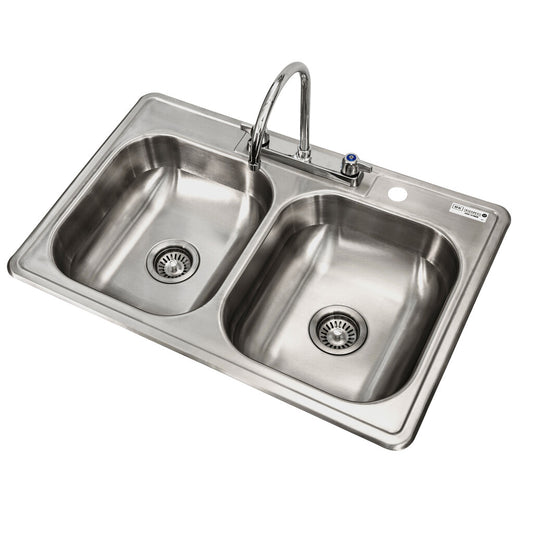BK Resources DDI2-1416628-P-G 2-Compartment Stainless Steel Dropin Sink 16L X 14W X 6D Bowls No Drains w/ Faucet