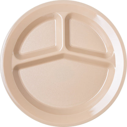 Carlisle PCD21125 11" Tan 3-Compartment Polycarbonate Narrow Rim Plate