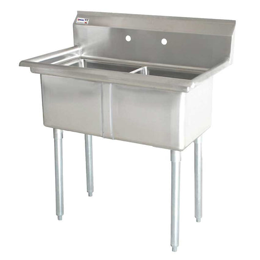 Omcan 43780 18" x 21" x 14" Two Tub Sink with 3.5" Center Drain and No Drain Board
