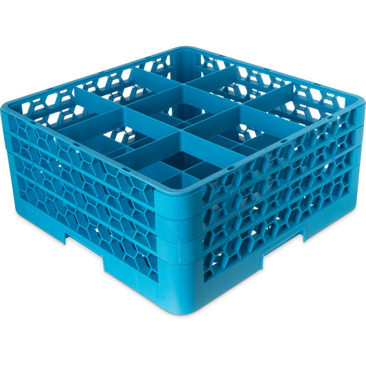 Carlisle RG9-314 Carlisle Blue 9-Compartment Polypropylene OptiClean Divided Glass Rack with 3 Extenders 8.72"