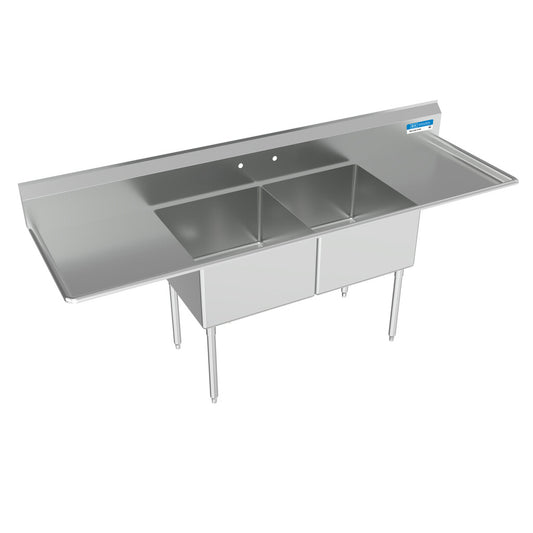 BK Resources BKS-2-24-14-24T 2-Compartment Stainless Steel Sink w/ Dual 24" Drainboards 24L X 24W X 14D Bowls