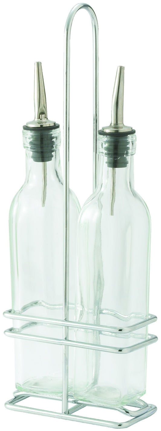 Winco GOB-8S Oil/Vinegar Cruet Set w/ Chrome Plated Rack & Two 8oz Bottles