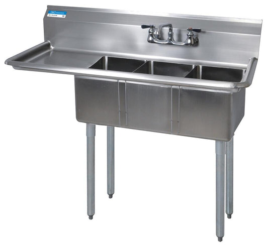 BK Resources BKS-3-1014-10-15LS 3-Compartment Stainless Steel Sink 10X14X10D 15" Right DB w/ Stainless Steel Legs & Bracing