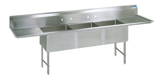 BK Resources BKS6-3-24-14-24TS 3-Compartment Stainless Steel Sink 10" Riser & Drainboards 24L X 18W X 14D Bowls