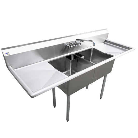 Omcan 25252 18" x 18" x 11" Two Tub Sink with 1.8" Corner Drain and Two Drain Boards